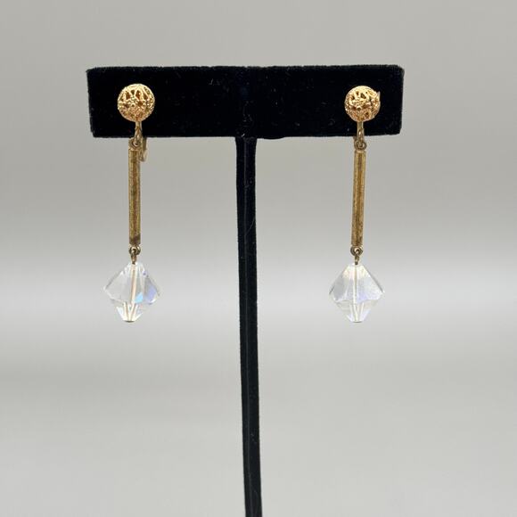 Vintage Gold Filigree Ball Aurora Borealis Crystal Drop Clip on Earrings - Picture 2 of 13